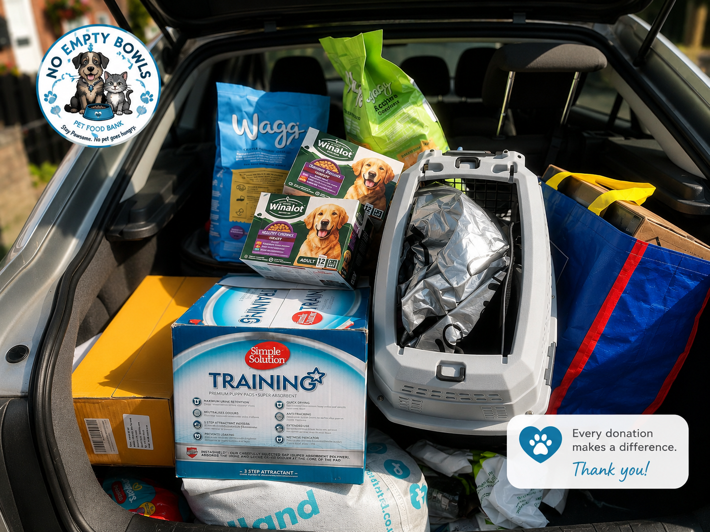 Pet food and essentials donations in a car boot